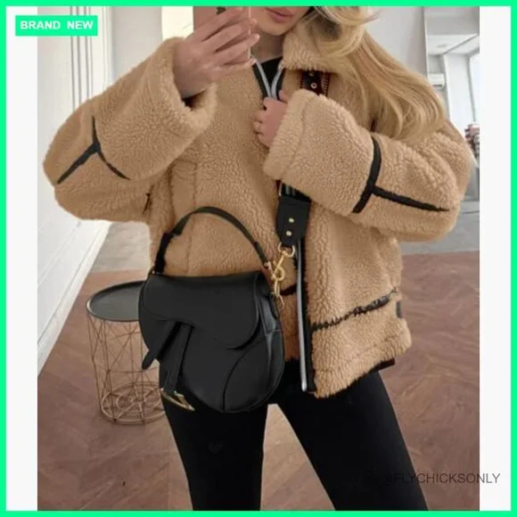 Faux Fur Jacket with Sherpa Lining and Leather Patchwork